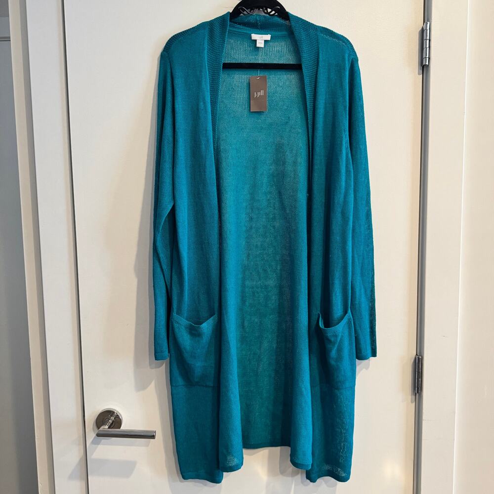 New J. Jill Cardigan Teal Blue Green Open Front Pocket Long Sleeve Sz L Women's